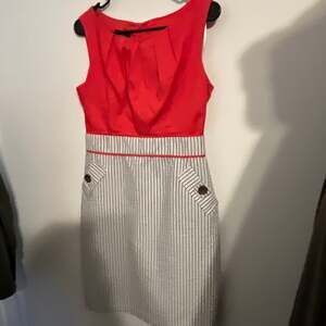 Alyx Sleeveless Coral Red Seersucker Pinstripe Sheath Dress with Pockets